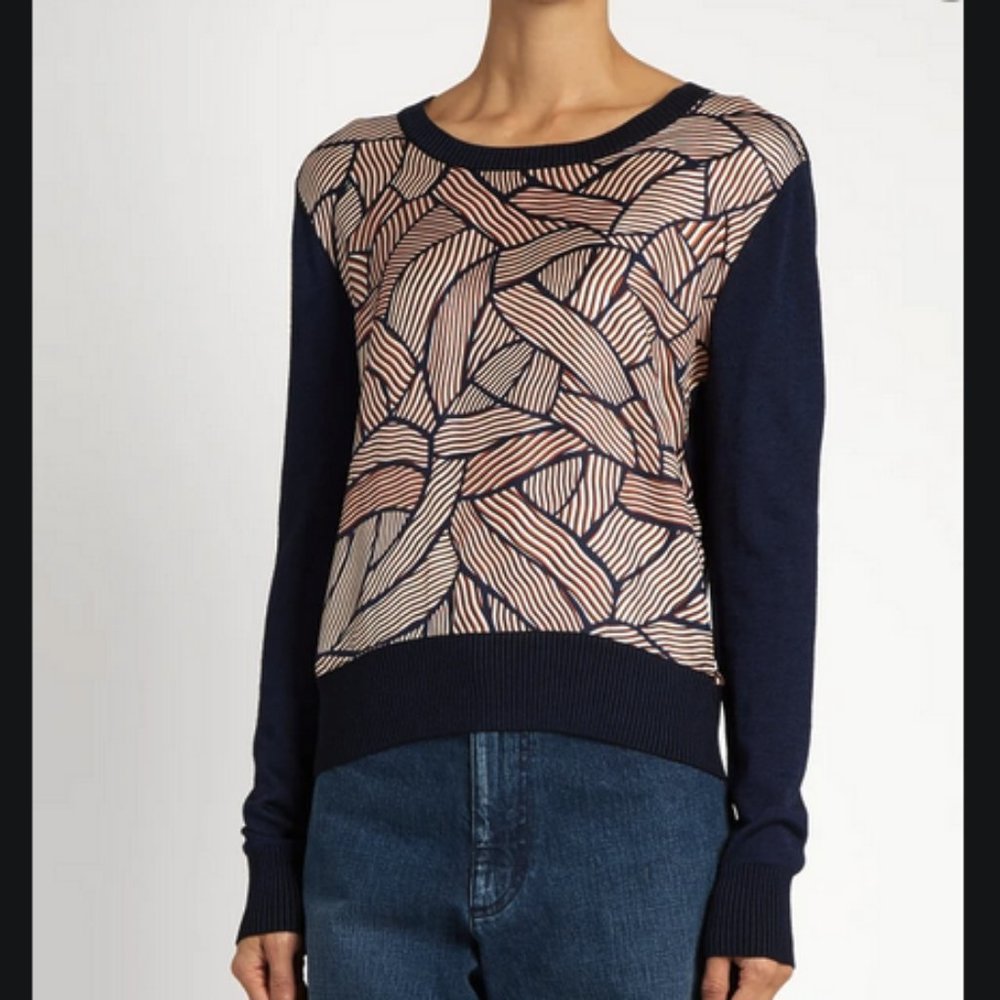 DVF ORLA NAVY MERINO WOOL AND SILK FRONT SWEATER